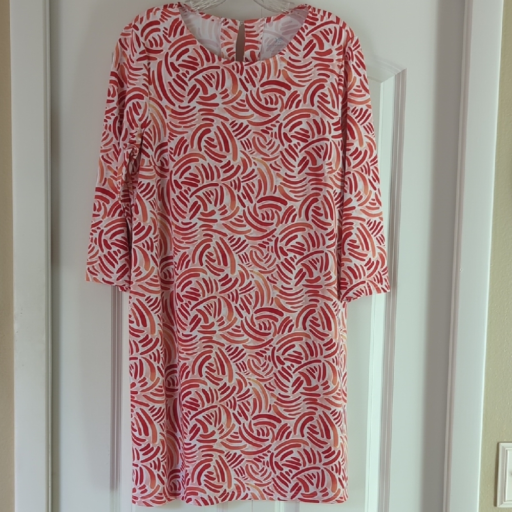 Southern Tide Red (Coral) and White Sheath Dress 3/4 Sleeve
